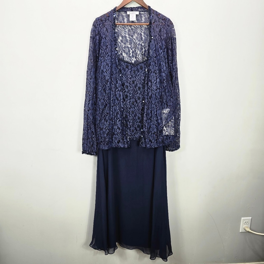 Roamans Evening Dress Gown 28W Navy Blue Lace Sequins Jacket Set NWT 2pc Formal